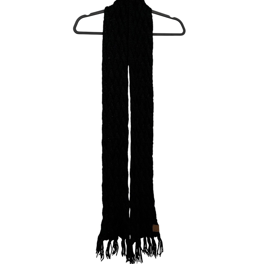 Fossil Cable Knit Scarf Womens OS Black Chunky Fringe Winter Wrap